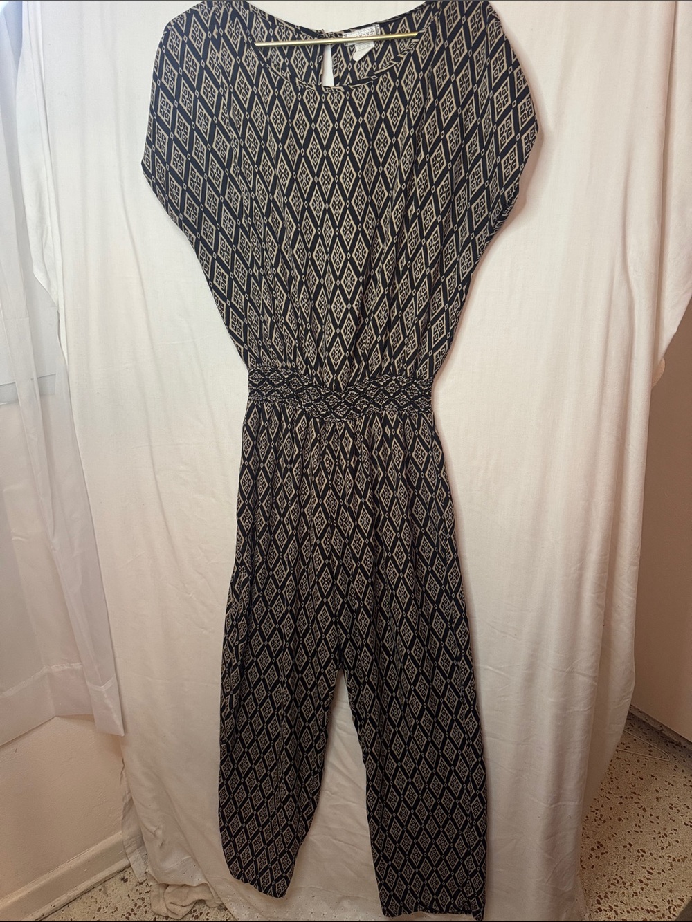 Vintage 1X Diamond-Print Black Jumpsuit with Cinched Waist
